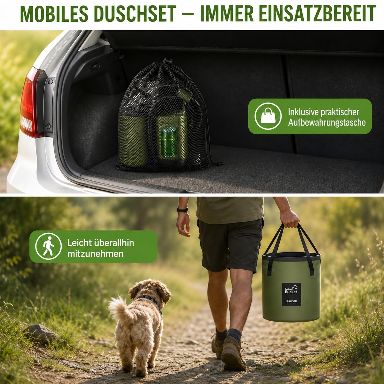 Romicta Tragbare Campingdusche mit wiederaufladbarem 6000mAh Akku & LED-Anzeige – Faltbarer Eimer 4 Sprühmodi IPX7 wasserdichte Pumpe ideal für Wandern Reisen Autofahren Haustiere Outdoor-Aktivitäten