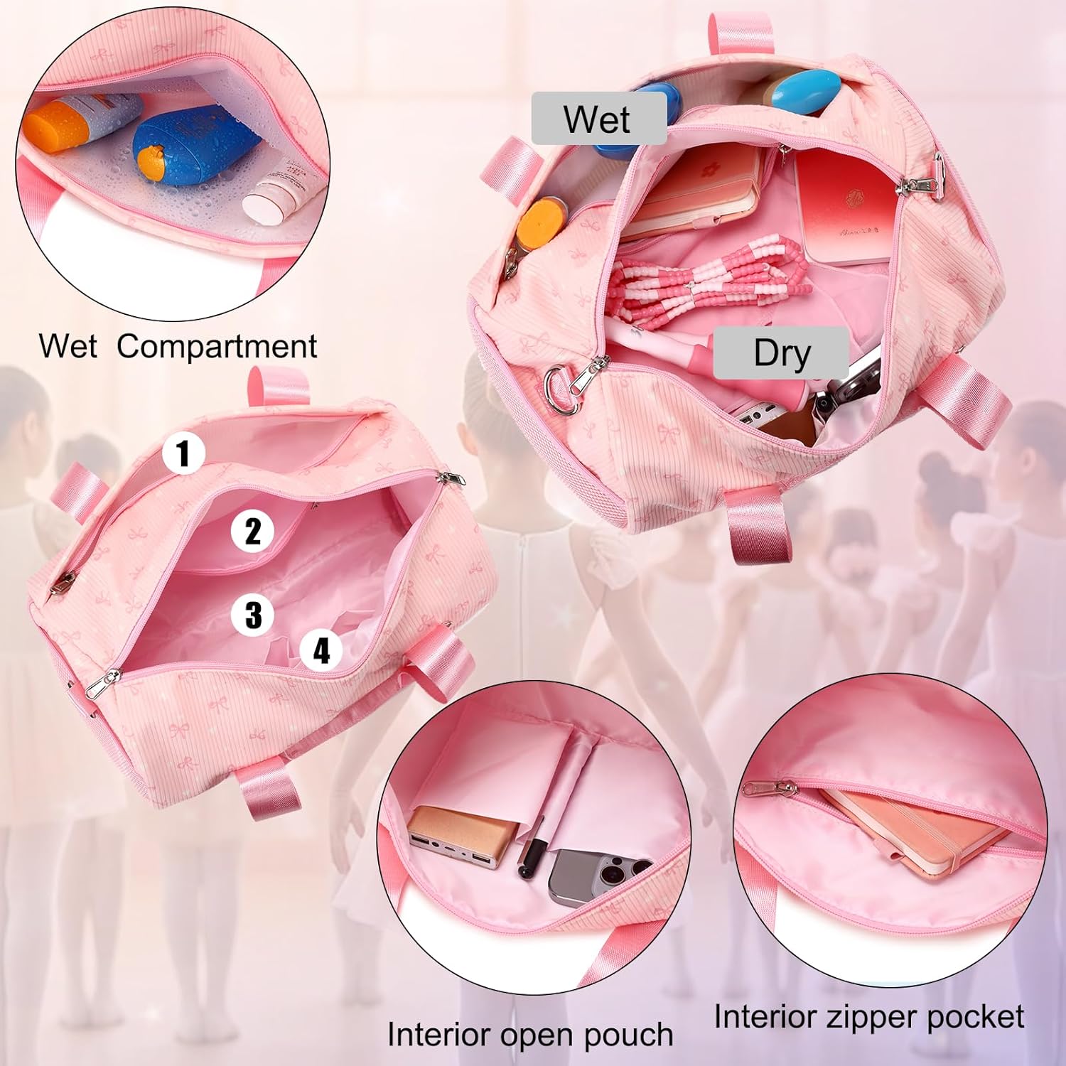 Dance Ballet Bag for Girls Small Duffle Ballerina Bags with Waterproof Dry Wet Separated Compartment Corduroy Bow Dance Bag for Girls 4-6 Pink - Image 6