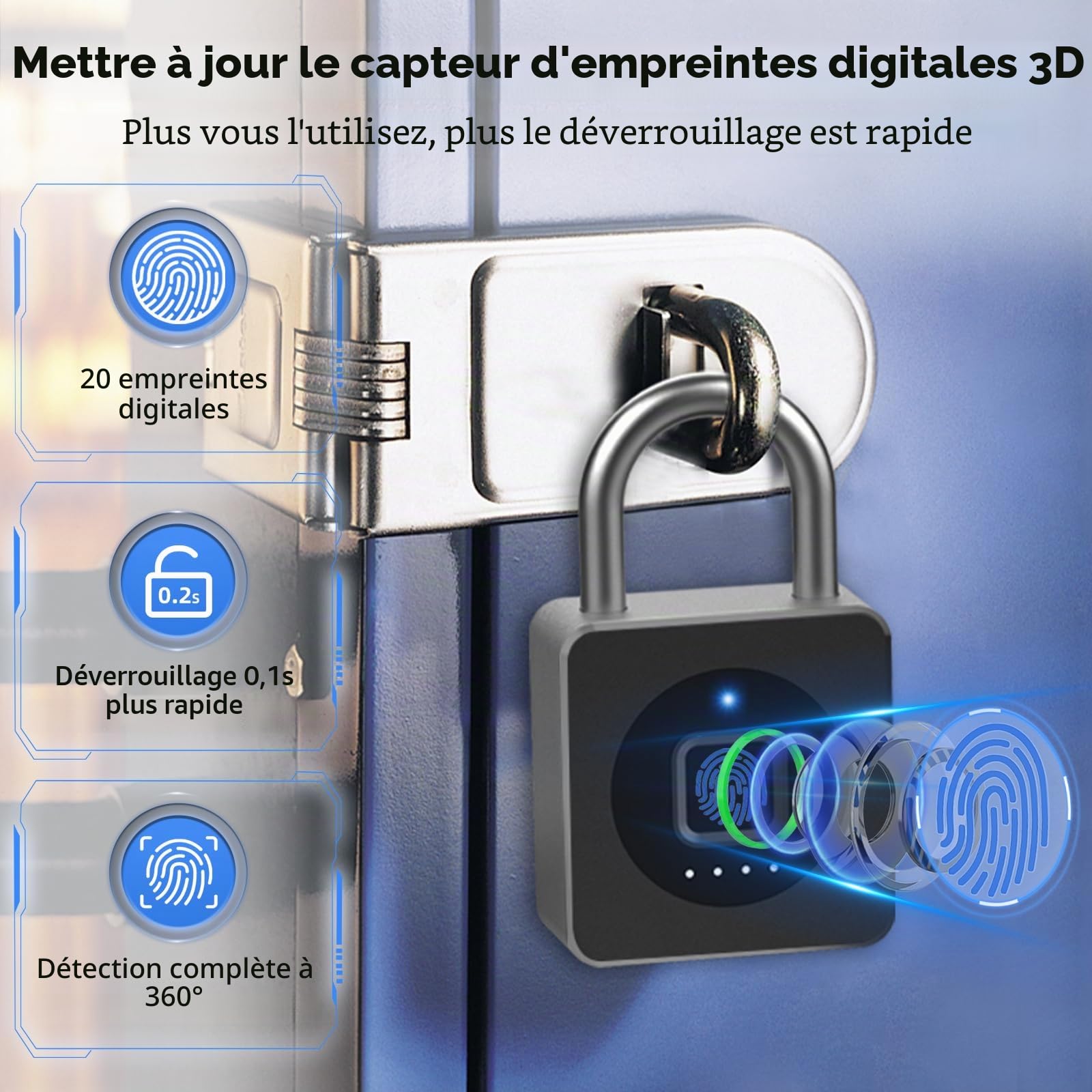 Eseesmart Smart Lock Cadenas avec empreintes digitales Bluetooth APP iWatch Ouvrir Cadenas empreintes digitales avec câble antivol étanche pour casier, vélo, gym