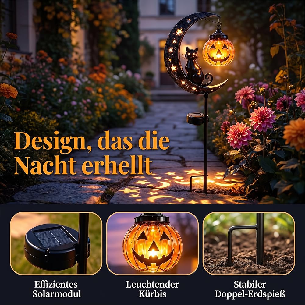 Halloween Deko Outdoor Solar Gartenstecker, Schwarze Katze Mond und Kürbis Deko, Wetterfeste Solarlampen für Außen, Halloween Deko Garten für Rasen, Gehwege und Terrassen，2Pcs-A