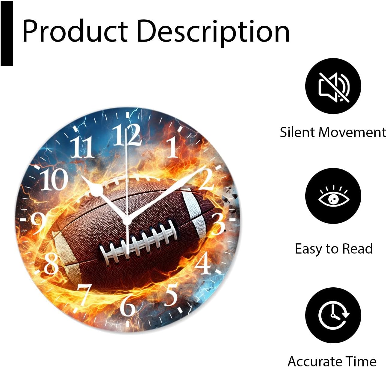 Battery Operated Decor Clocks Non-Ticking Silent Clocks Personalized Wall Clock with Photo for Bathroom,Office,Living Room-Rugby in Fire(16inch)