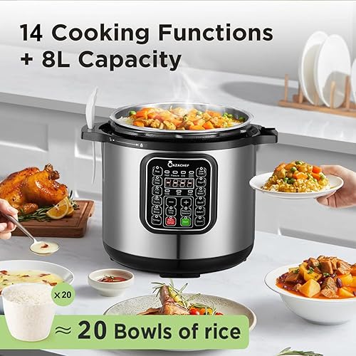 Miniatura 2 de Olla a presión de acero inoxidable de 8 cuartos  Arrocera eléctrica preestablecida las 24 horas, olla lenta 14 en 1 con control de temperatura