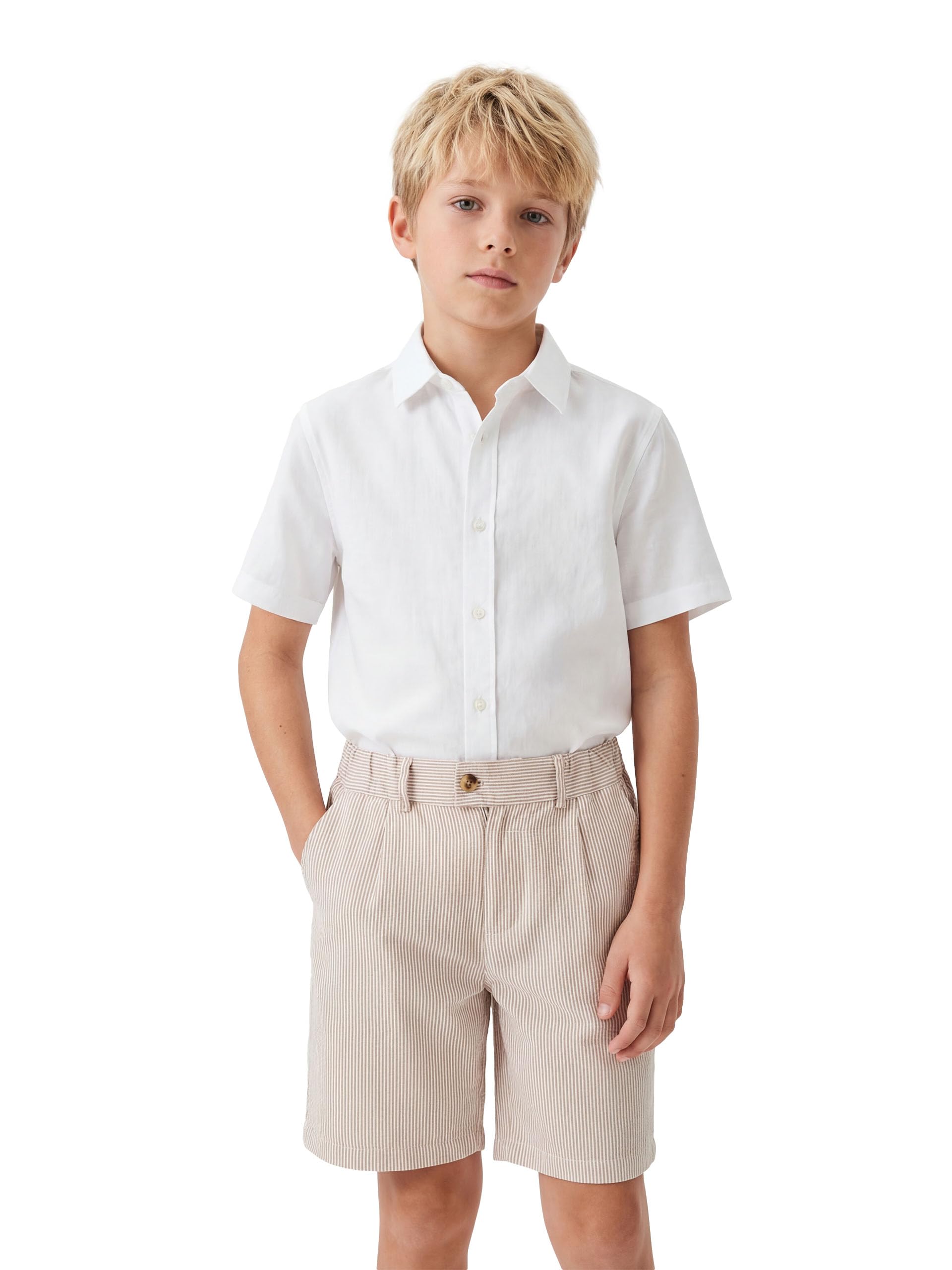 LOLANTA Short Garçon Seersucker pour Mariage, Short Léger en Mélange de Coton, Taille Ajustable avec Poches pour Plage