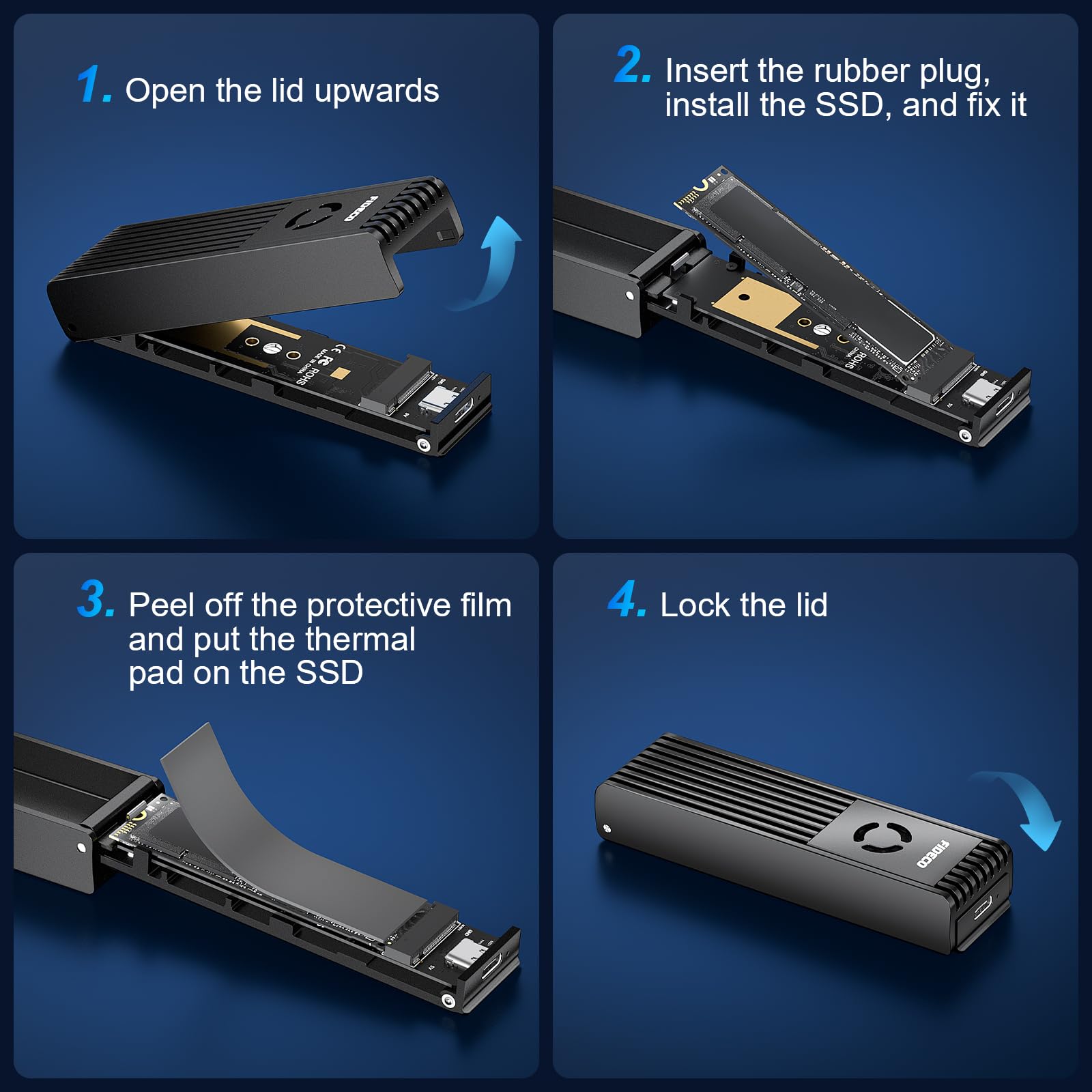 FIDECO Case SSD NVMe SATA M.2, Adattatore NVMe USB con Ventola, 10Gbps USB 3.2 Gen 2 per NVMe PCIe M-Key/M+B Key, Supporto UASP e TRIM, Installazione senza Attrezzi, Alluminio, Nero