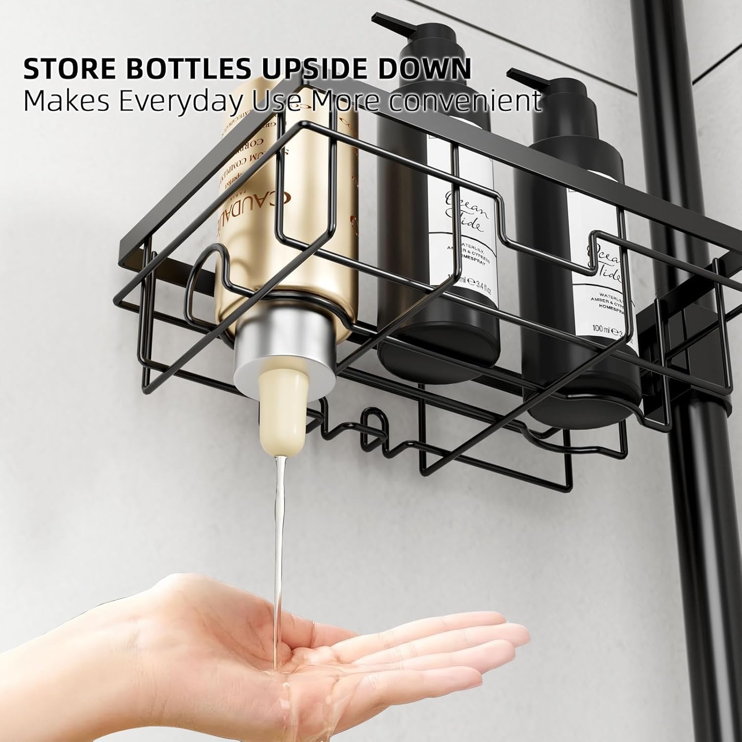 Corner shower storage pole, six-tier bathroom storage rack, height adjustable 30-120 inches, black carbon steel, with toothbrush cup, soap dish, towel storage pole, razor holder, hooks.