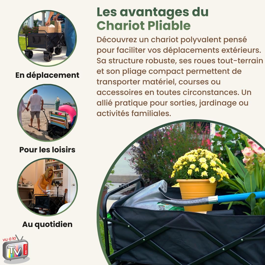 VENTEO - Chariot de Courses Pliable 150 kg Tout Terrain | Desserte à roulettes Métal avec Roues Pivotantes 360° | Solution Polyvalente en Complément d’Une Poussette Canne pour Jardin Plage Camping
