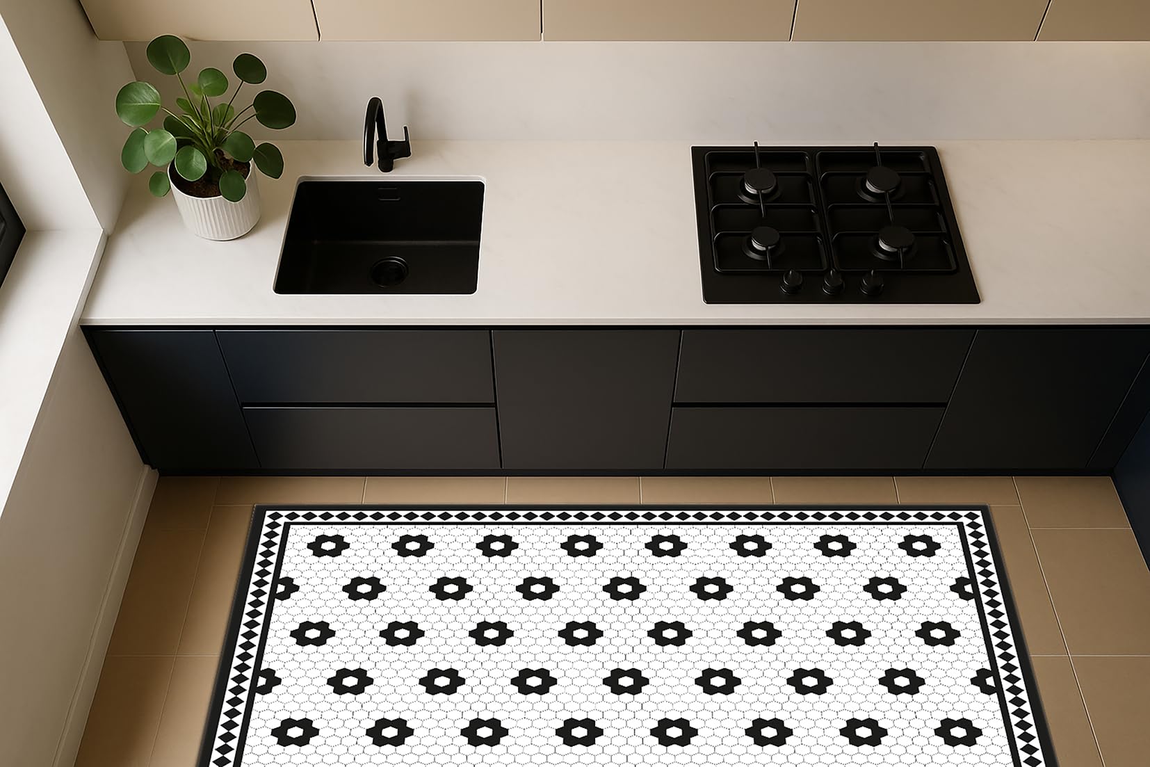 DobleUve Estudio Tapis Vinyle Rosetas Noir 50x100 | Tapis Cuisine Salon Antidérapant Antifongique Ignifuge | Tapis Enfants Bain PVC