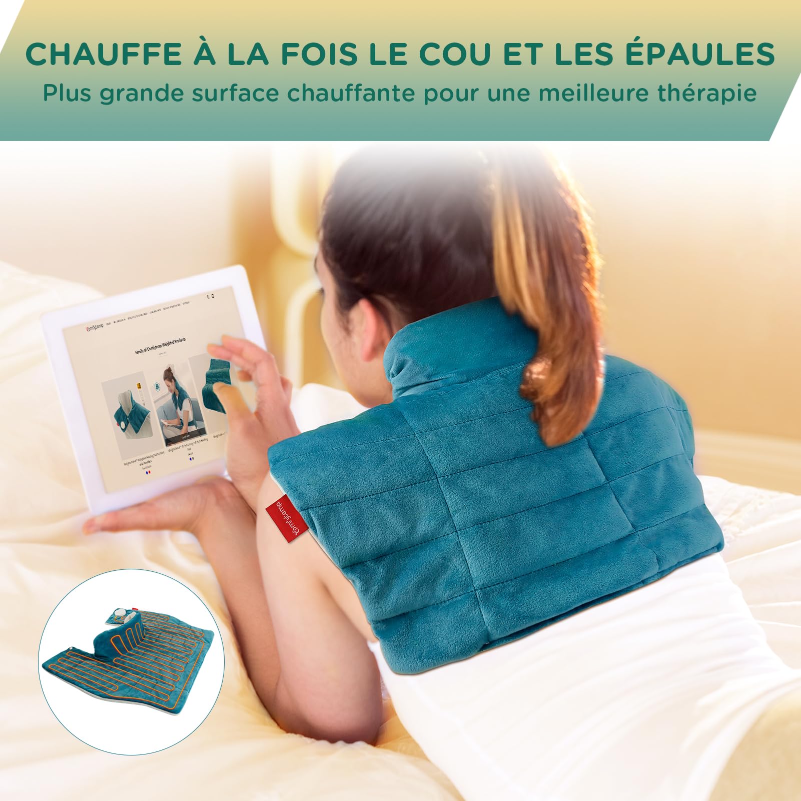Comfytemp Coussin Chauffant Nuque, 9 Niveaux de Chaleur et 11 Niveaux de Minuterie, Coussin Chauffant pour le Cou et les Épaules, pour une Détente de la Cou, Épaules, Lavable en Machine, 48 × 56cm