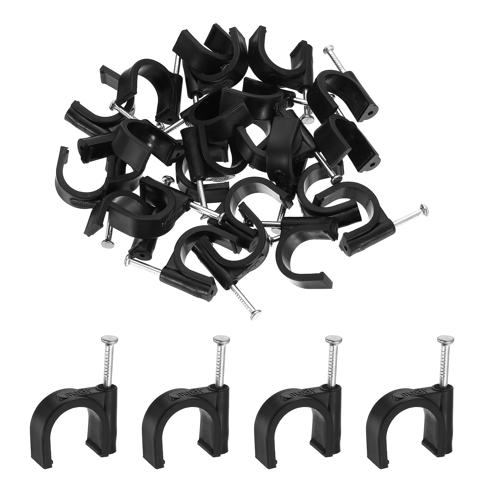 sourcing map 60pcs Cable Clips with Nail 16mm ID Circular Single Half Clamp J-Hook with Nail Cord Clips for Wires on Wall for Ethernet Tacks Coax Pex Tubing Pipe Support, Black