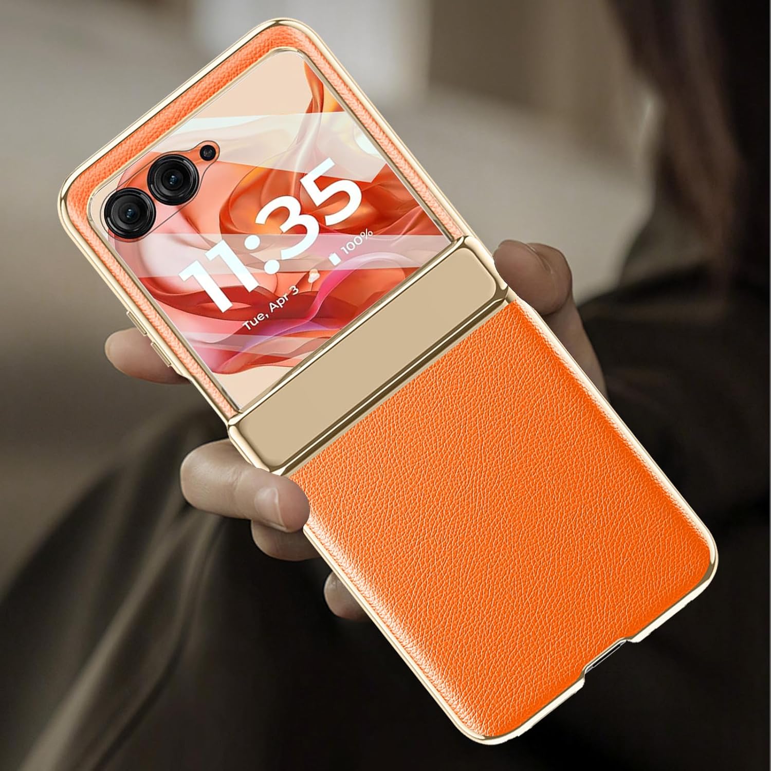 for Motorola Razr 2024 Case with Hinge Protection, Premium PU Leather Case with Rear Screen Protector Scratch-Resistant Leather Business Protective Cover for Motorola Razr 2024 Orange