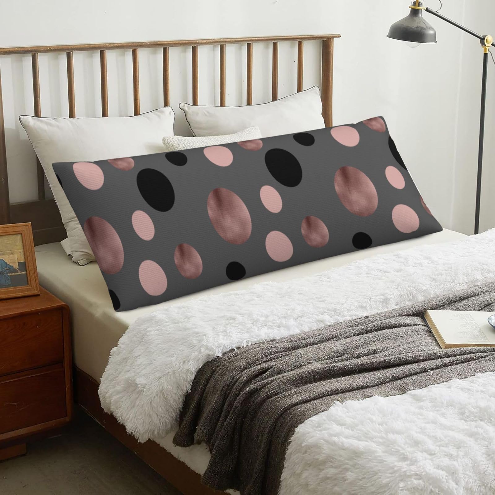 Elegant Faux Rose Gold Blush Pink Black Circles, Body Pillow Cover with Zipper,Long Body Pillowcase 20 x 60 in