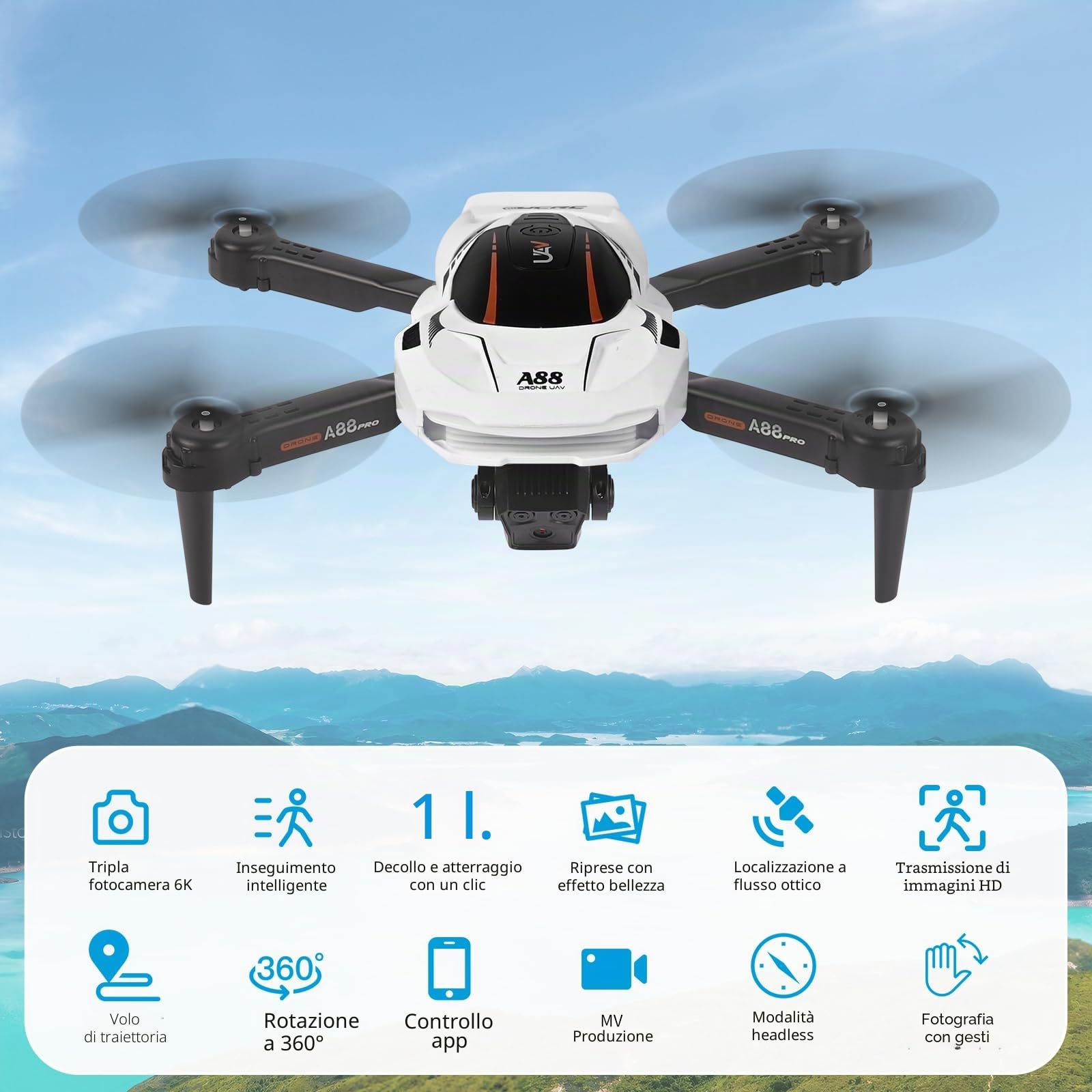 A88 Mini Drone per Bambini con Telecamera 1080P HD FPV con Mantenimento Dell'altitudine, Droni Quadricottero RC con Luci LED e 2 Batterie, Giocattolo Regalo per Ragazzi e Ragazze (Weiß)