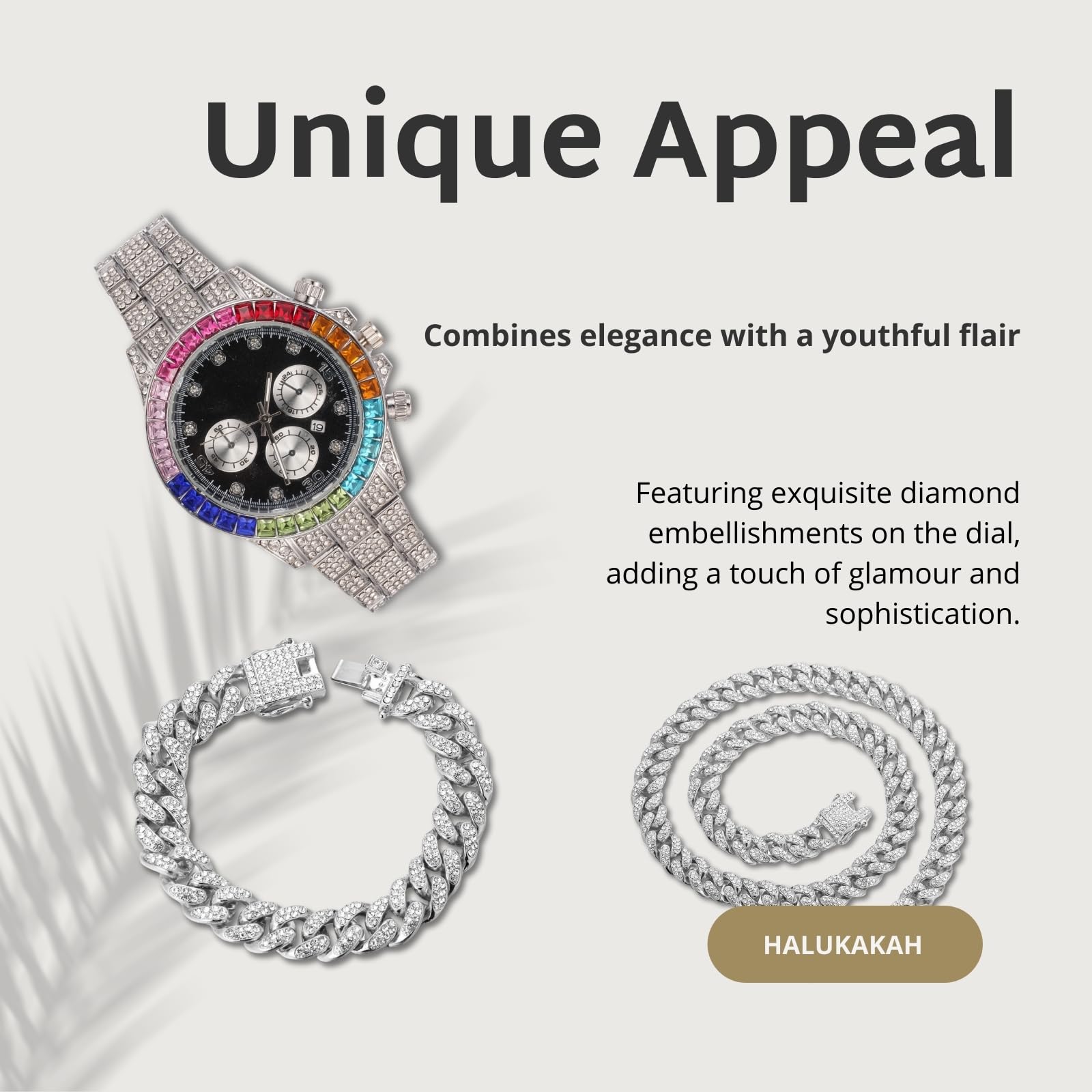 HALUKAKAH Orologio con Diamanti in Oro per Bambini - Placcato in Oro 18 Carati/Platino,Quadrante Nero 40mm,Quarzo Giapponese - Lunghezza 18.5cm - Opzionale con Catena Cubana,con Strumento Regolatore