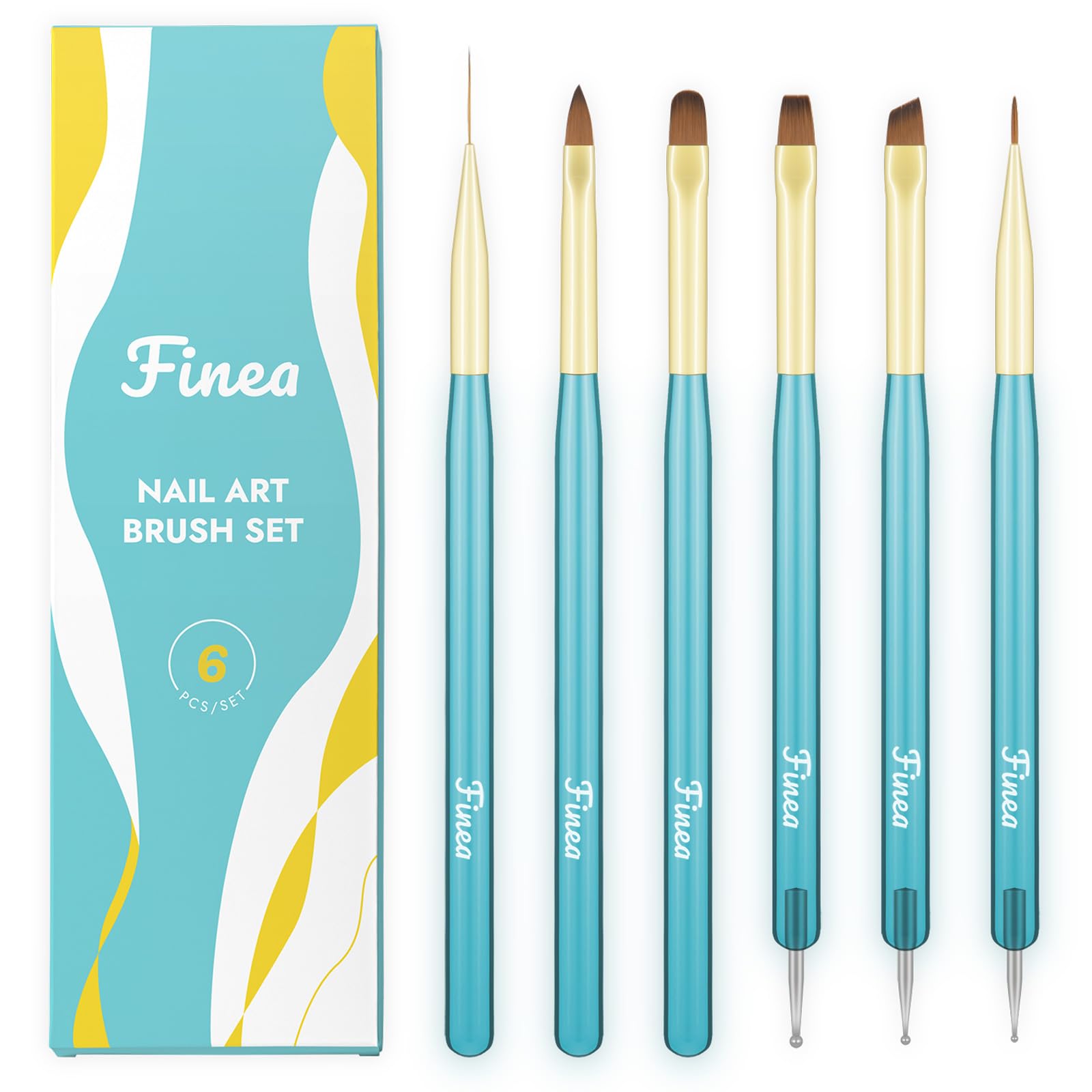 Finea Nail Art Brushes and Dotting Tools 6pcs Set for Builder Gel Polygel Gel Polish Paint Design with