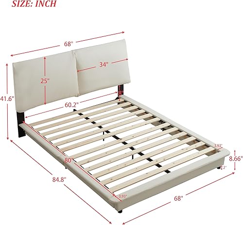 Miniatura 132 de Base de cama flotante tamaño Queen con luces LED y carga USB, marco de cama LED de plataforma tapizada moderna, no necesita somier (blanco-1)