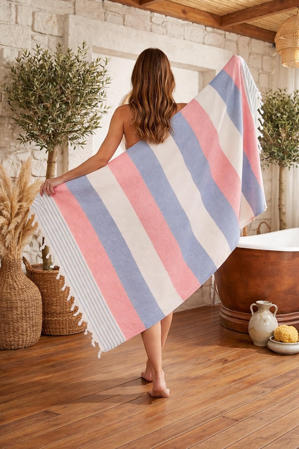 Turkish Cotton Peshtemal Beach Towel 90x180 cm – Washed Soft Fabric, Quick Dry, Lightweight Hammam Towel – Black/Pink