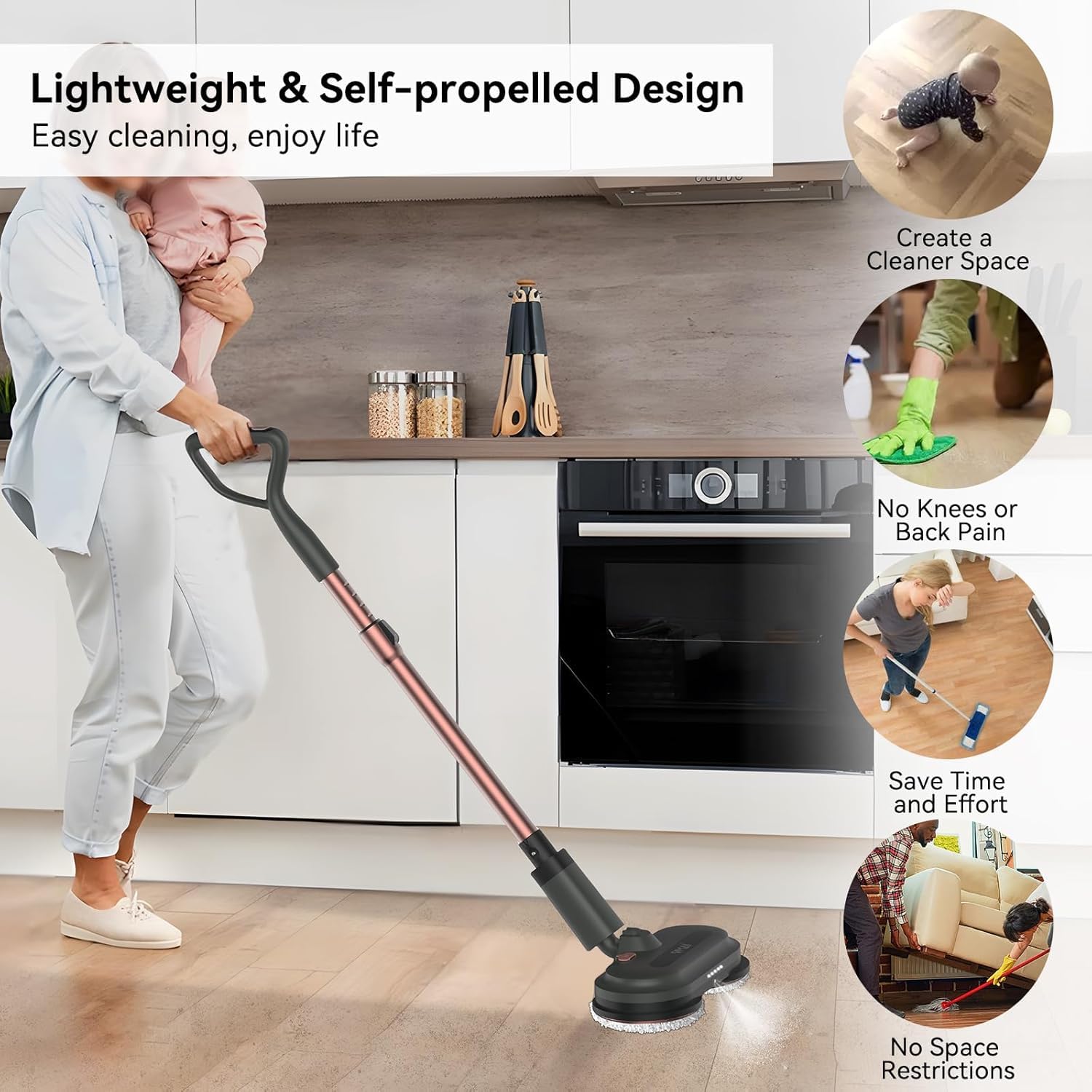 Mopa eléctrica inalámbrica, limpiador eléctrico de pisos con pulverizador de agua y faros LED, hasta 60 minutos de duración, potente fregona giratoria con tubo extensible, autopropulsada, solución de