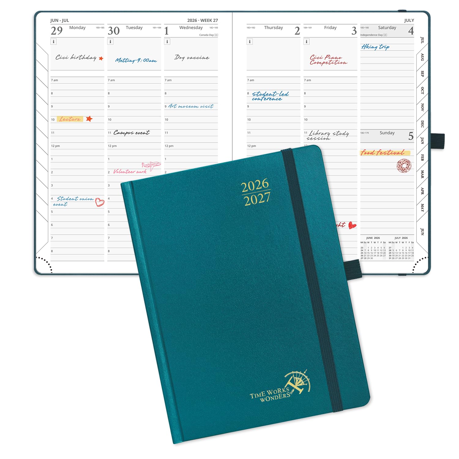 POPRUN 2026-2027 Academic Planner, 6.5" x 8.75", Weekly and Monthly Calendar, July 2026 to June 2027, Hardcover Appointment Book with Verital Layout, Hourly Time Slots, Monthly Tabs - Pacific Green โ image 1