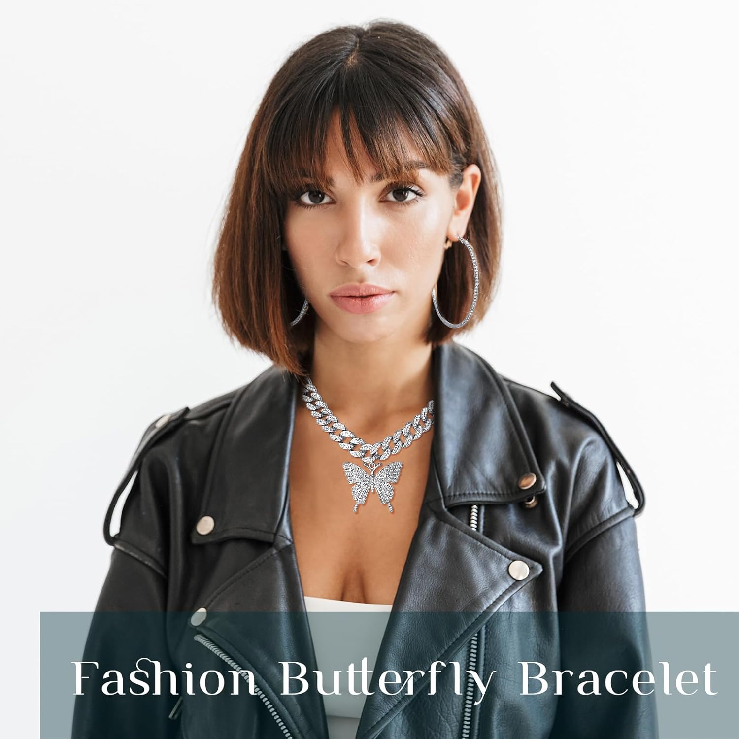 3 Pcs Butterfly Cuban Jewelry Set Cuban Link Chain Necklace for Women Rhinestone Pendant Necklace Bracelet Large Hoop - Image 6