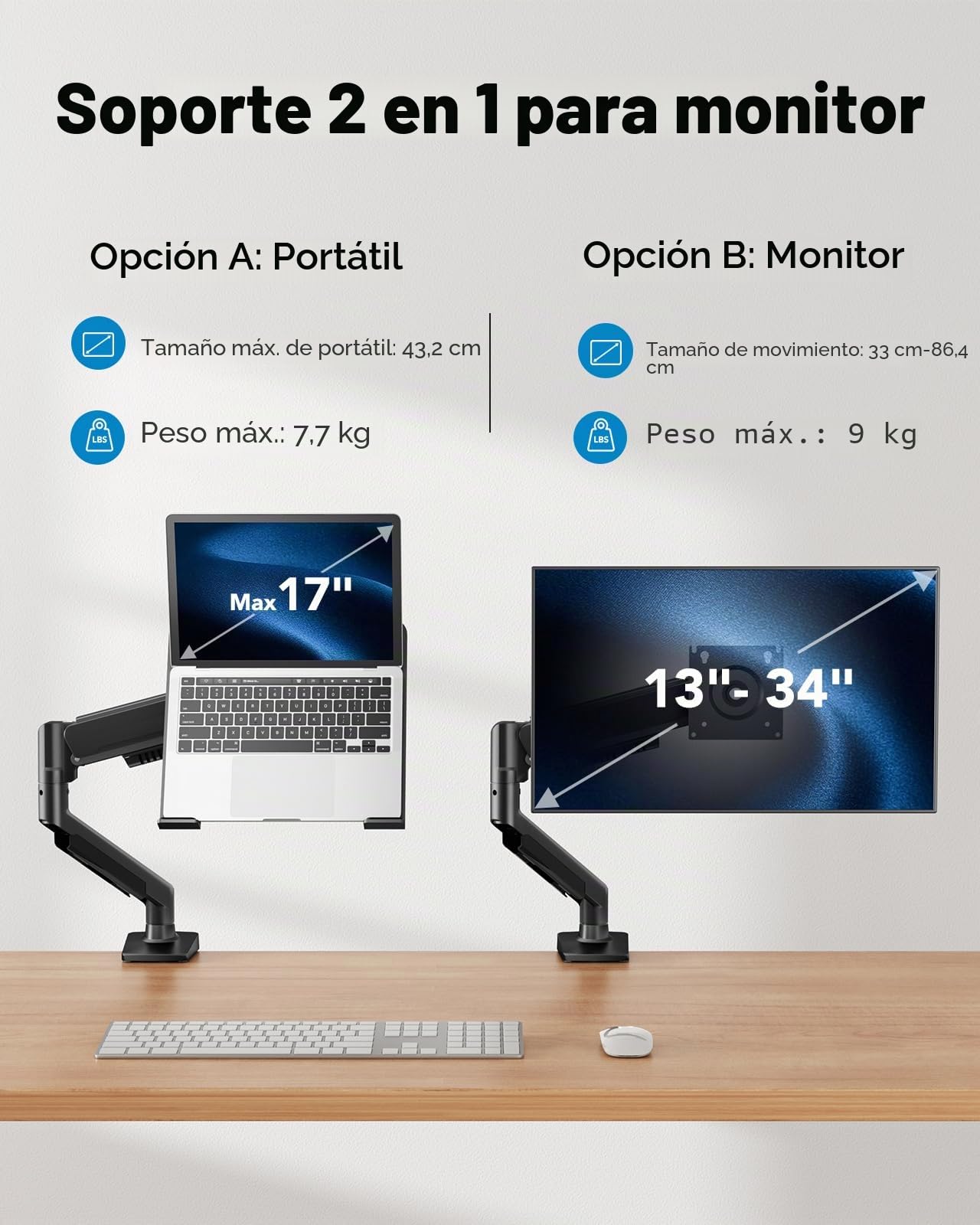 HUANUO Brazo de monitor ajustable para pantallas de 13 a 34 pulgadas, soporte de escritorio para portátil de hasta 17 pulgadas, soporta 5-20 libras, VESA 75 x 75 100 x 100, 2 opciones de montaje