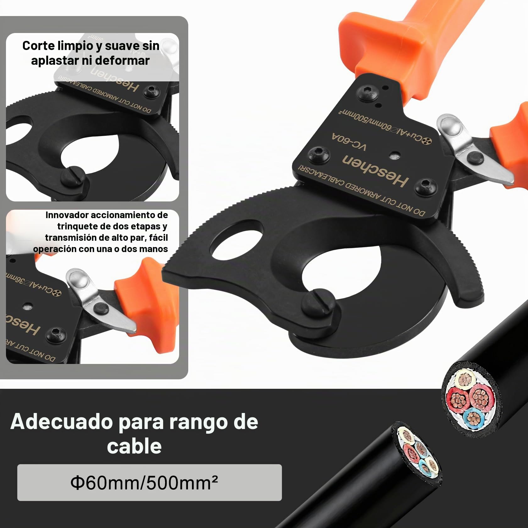 Heschen Cortador de cables de trinquete VC-60A para pelacables de 60 mm/500 mm², herramienta de crimpado manual
