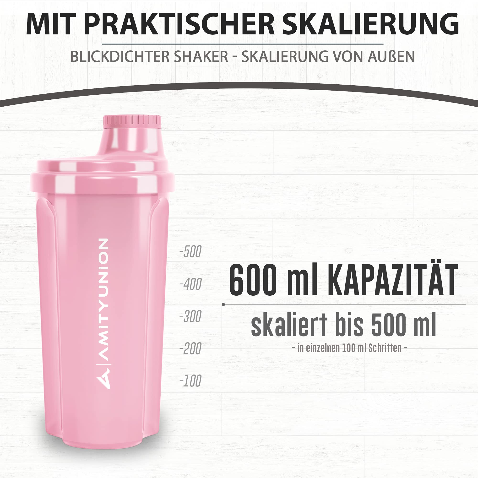 AMITYUNION Shaker per proteine 500 ml Heaven a prova di perdite, senza BPA con setaccio cliccabile e scala per frullati cremosi di siero di latte, shaker per proteine, originale in Rosa corallo