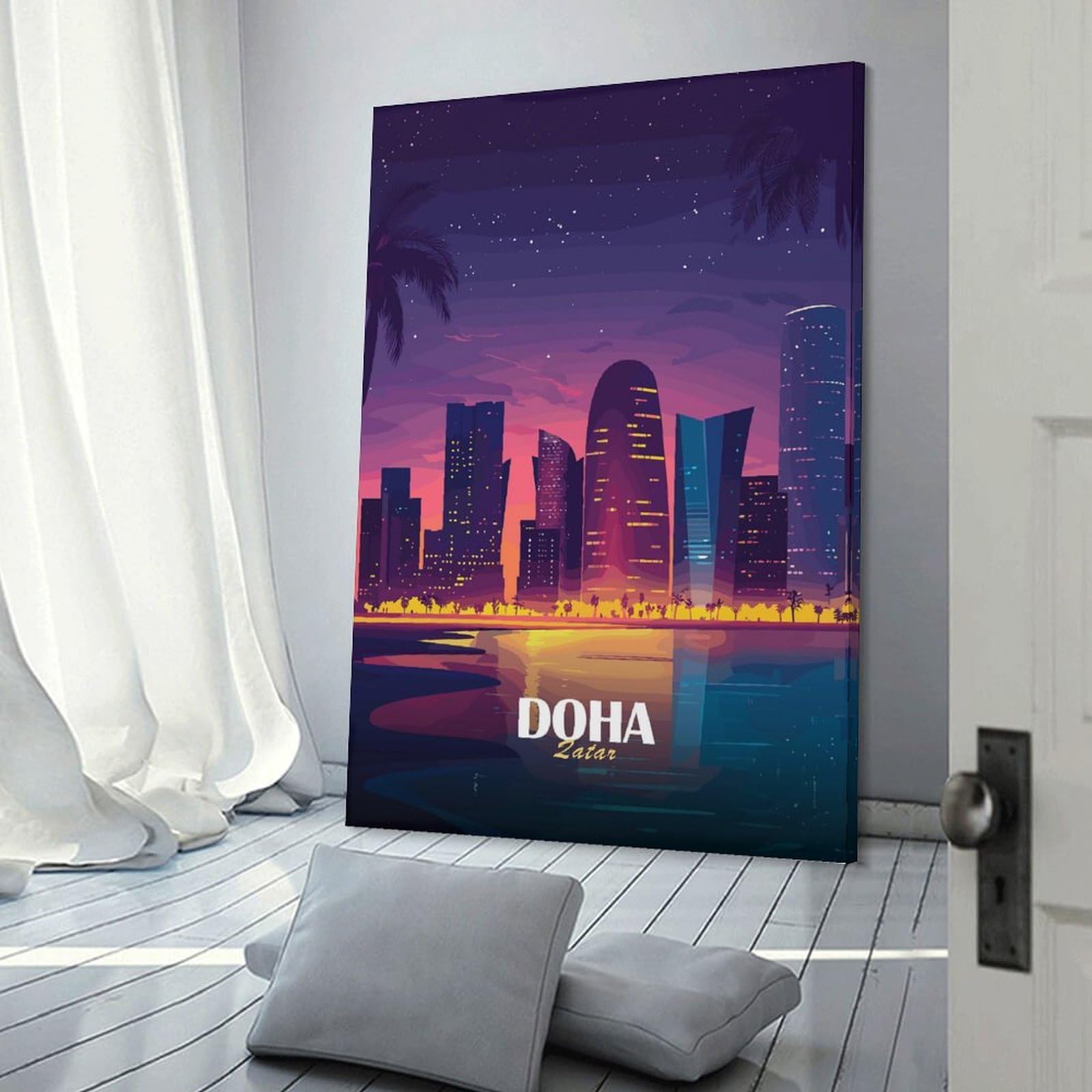 Junmoney Doha Qatar Skyline at Night Decorative Canvas Print 24x36inch(60x90cm), for Flats, Guest Rooms Or Compact Rooms, Home Artwork for Modern Interiors