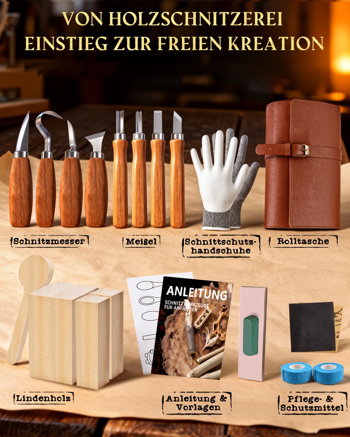 Schnitzwerkzeug Holz Schnitzset für Anfänger: Schnitzmesser Set 25-tlg. zum Schnitzen - HolzSchnitzset Carving Kit mit Anleitung, Handschuhe und Lindenholz für Erwachsene Geschenk