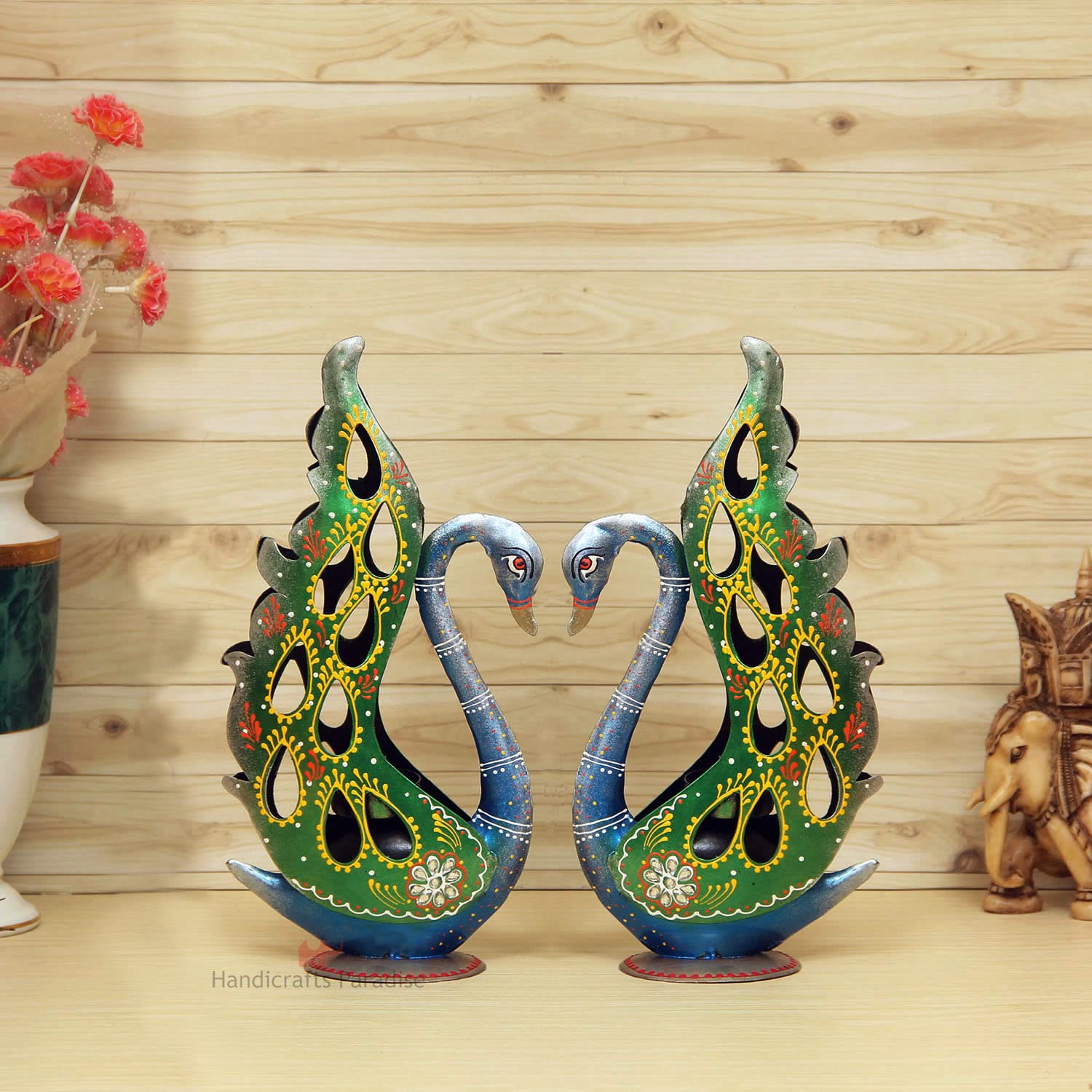 Handicrafts ParadiseWrought Iron Peacock Tealight Holder Pair Showpiece for Homedecor 15 inch