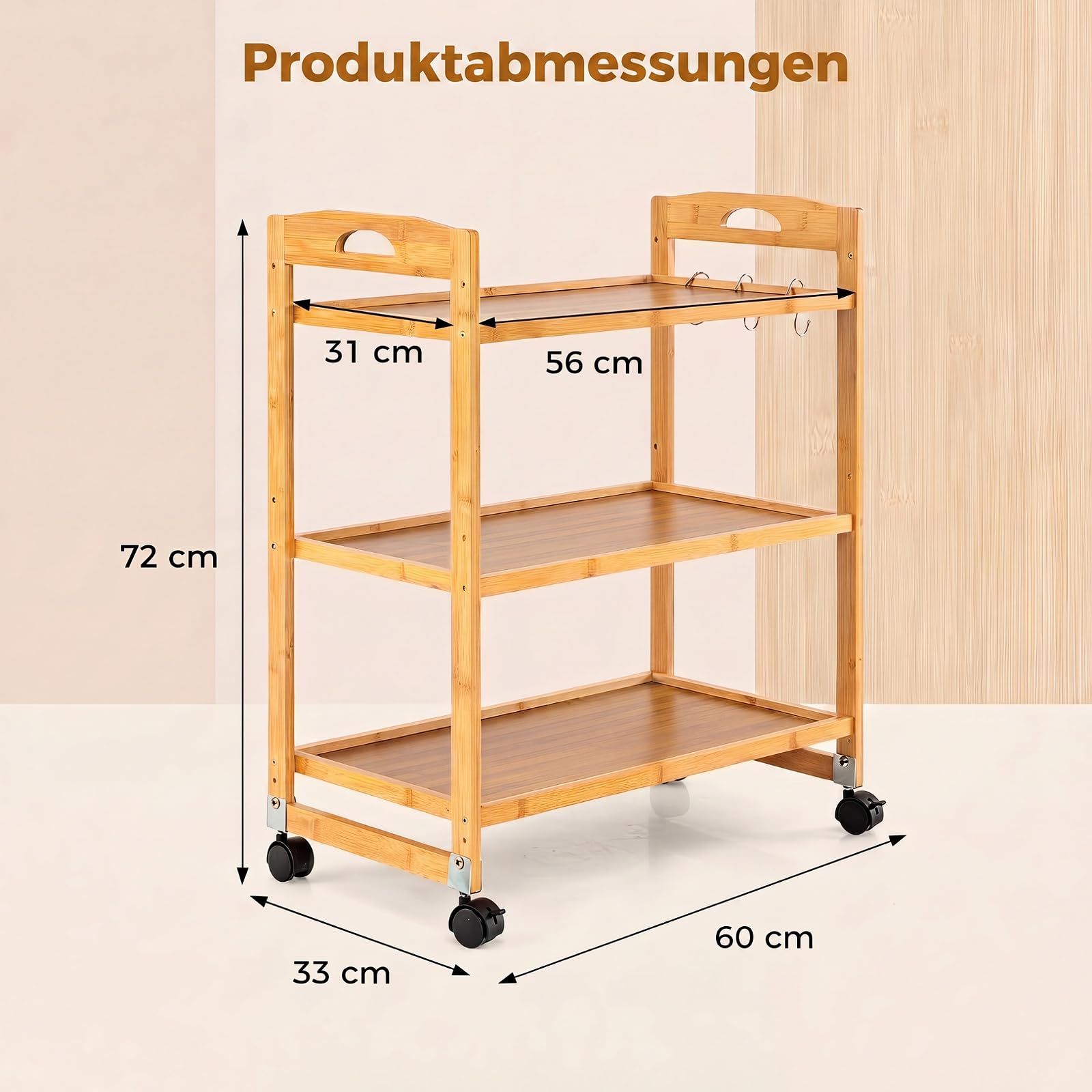 SOARS Rollwagen Bambus, 3 Ebenen Servierwagen mit Rollen, Natur