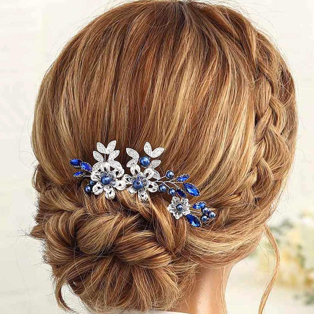 Casdre Crystal Bride Wedding Hair Pins Silver Pearl Bridal Hair Pieces Flower Hair Accessories for Women and Girls(Pack of 3) (B Blue) - Image 2