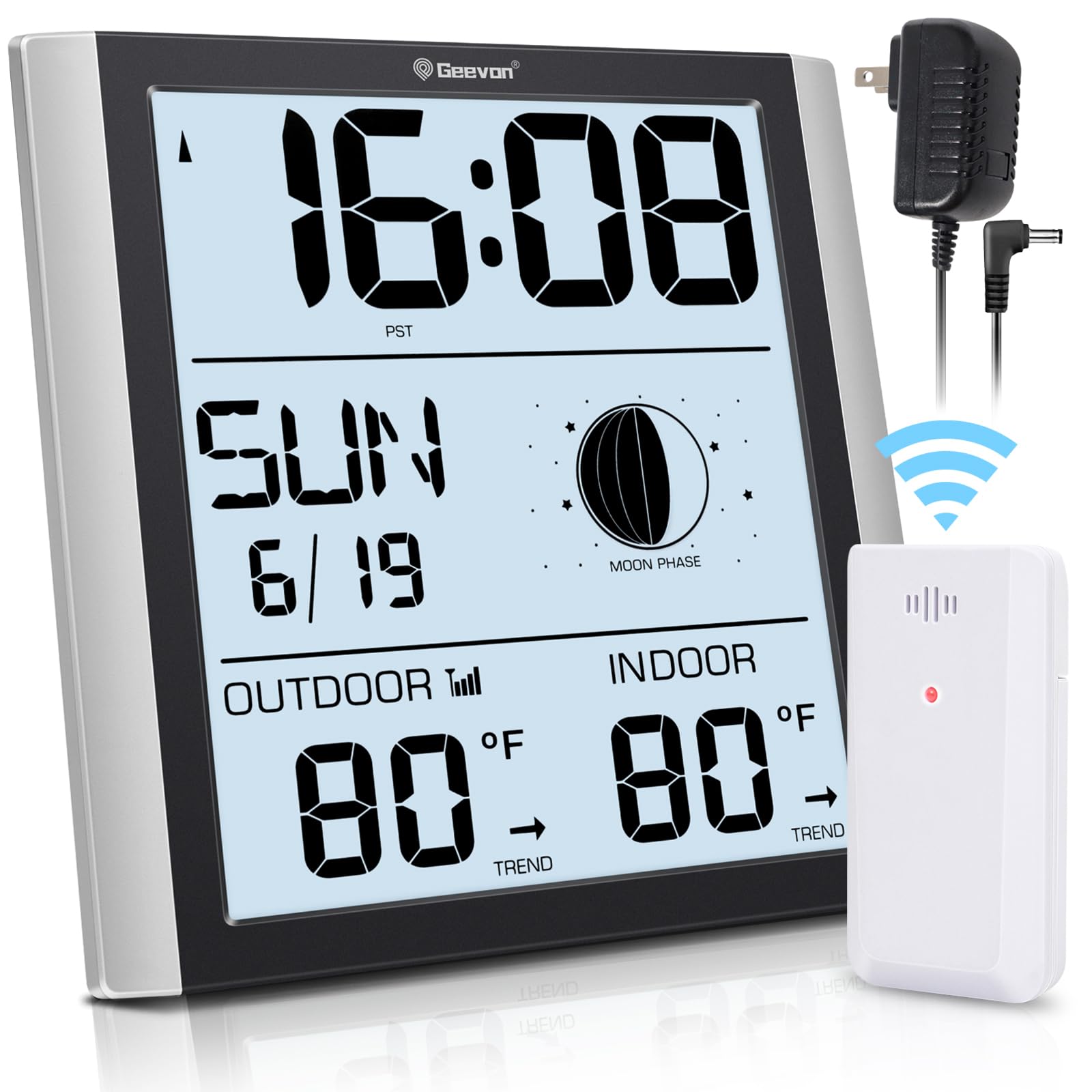 Geevon Atomic Wall Clock with Backlight, Auto-Set Digital Atomic Clock with Indoor Outdoor Temperature,Calendar,Moon Phase for Home Office Elderly(1 Wireless Outdoor Sensor)