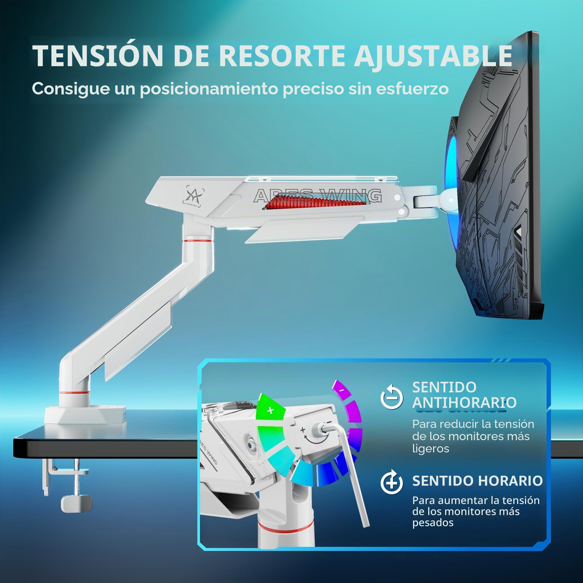 ARES WING Soporte Monitor 17-40 Pulgadas, máxima 12 kg, VESA 75/100 Blanco | Brazo monitor ergonómico, canalización cables, doble montaje C/ojal, compatible con monitores pantallas planas y curvas