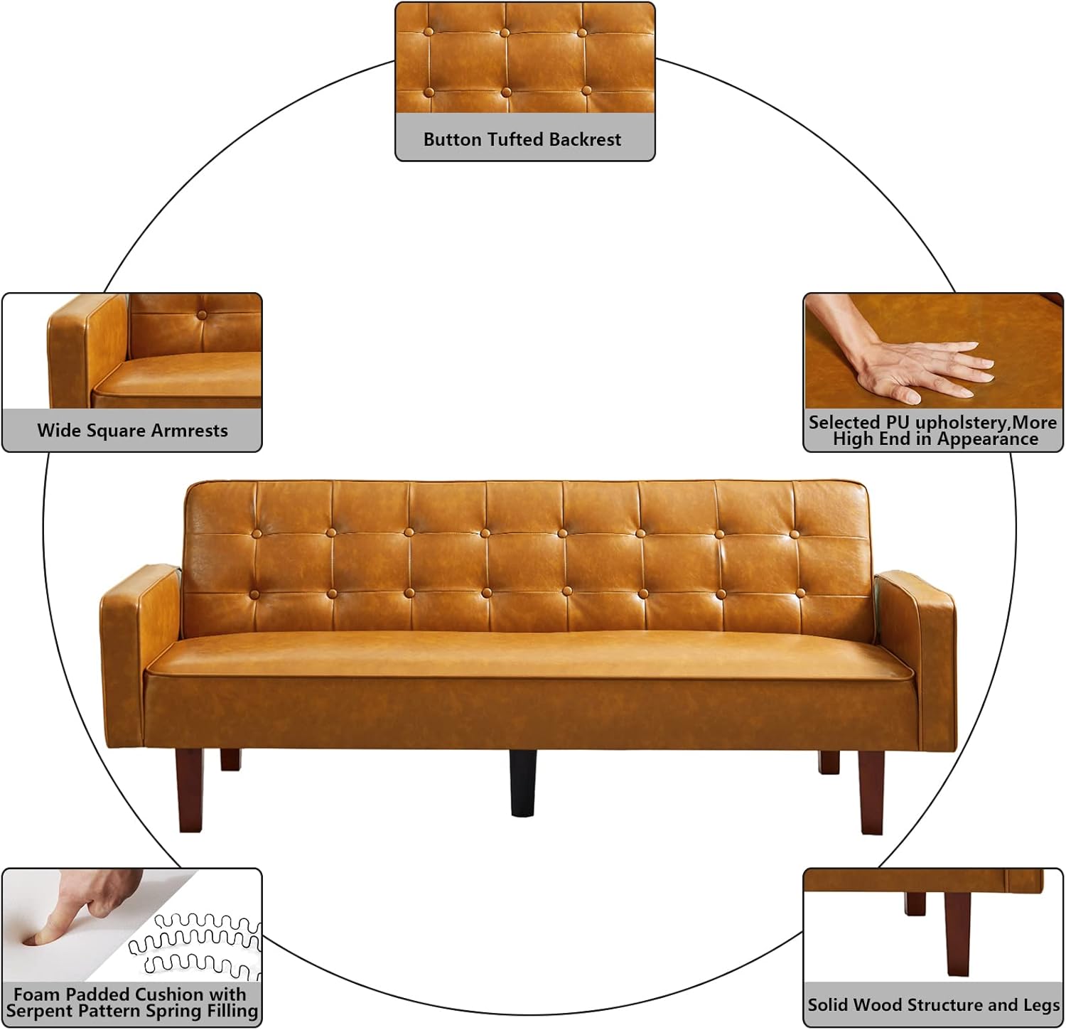 mikibama PU Futon Sofa Couch for Living Room Convertible Faux Leather Upholstered Futon Sleeper Sofa Bed Channel Tufted Bedroom Futons with Solid Wood Legs for Small Spaces