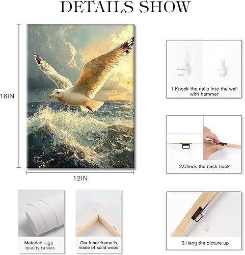 Miniatura 7 de Lienzo enmarcado de gaviota, pintura de pared, olas del océano, paisaje marino, lienzo impreso, imagen de obra de arte para sala de estar,