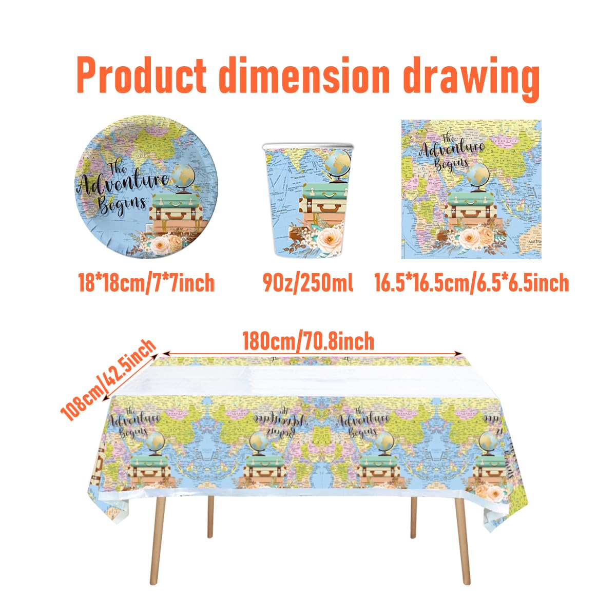 Viaggi Stoviglie per feste, 61 pezzi Esploratore Stoviglie per compleanni per bambini, Mappa del mondo Set di piatti di carta per feste, Compresi bicchieri, tovaglioli e tovaglie