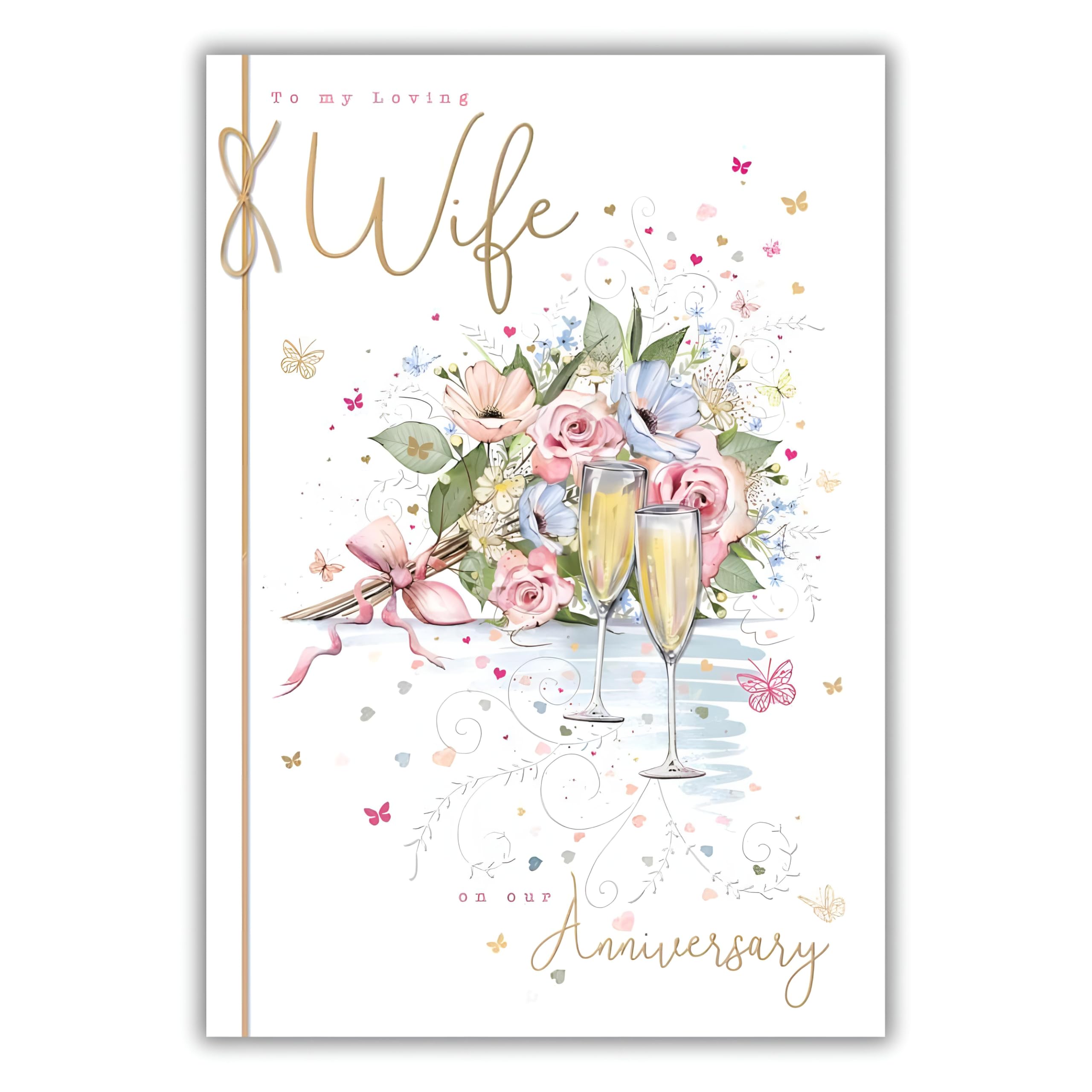 Noel Tatt Anniversary Card for Wife - Pretty Champagne & Floral Bouquet Design - Premium Happy Anniversary Greeting Card with Envelope