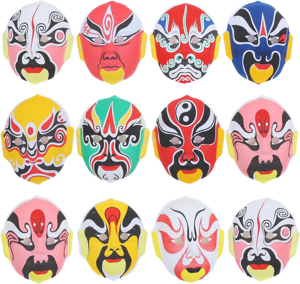 12 Pack Chinese Masks with Elastic Band, Oper Plastic Cosplay Props for Party, Halloween, and Holiday Decorations (Random Styles)
