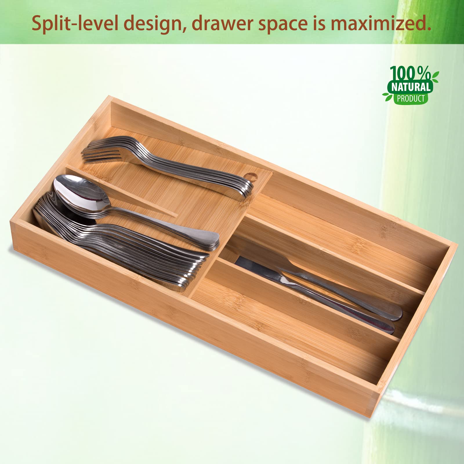 guiogc Organizer per posate in bambù, organizer per cassetti per posate da cucina, vassoio per utensili, vassoio per cucchiai, forchette, coltelli