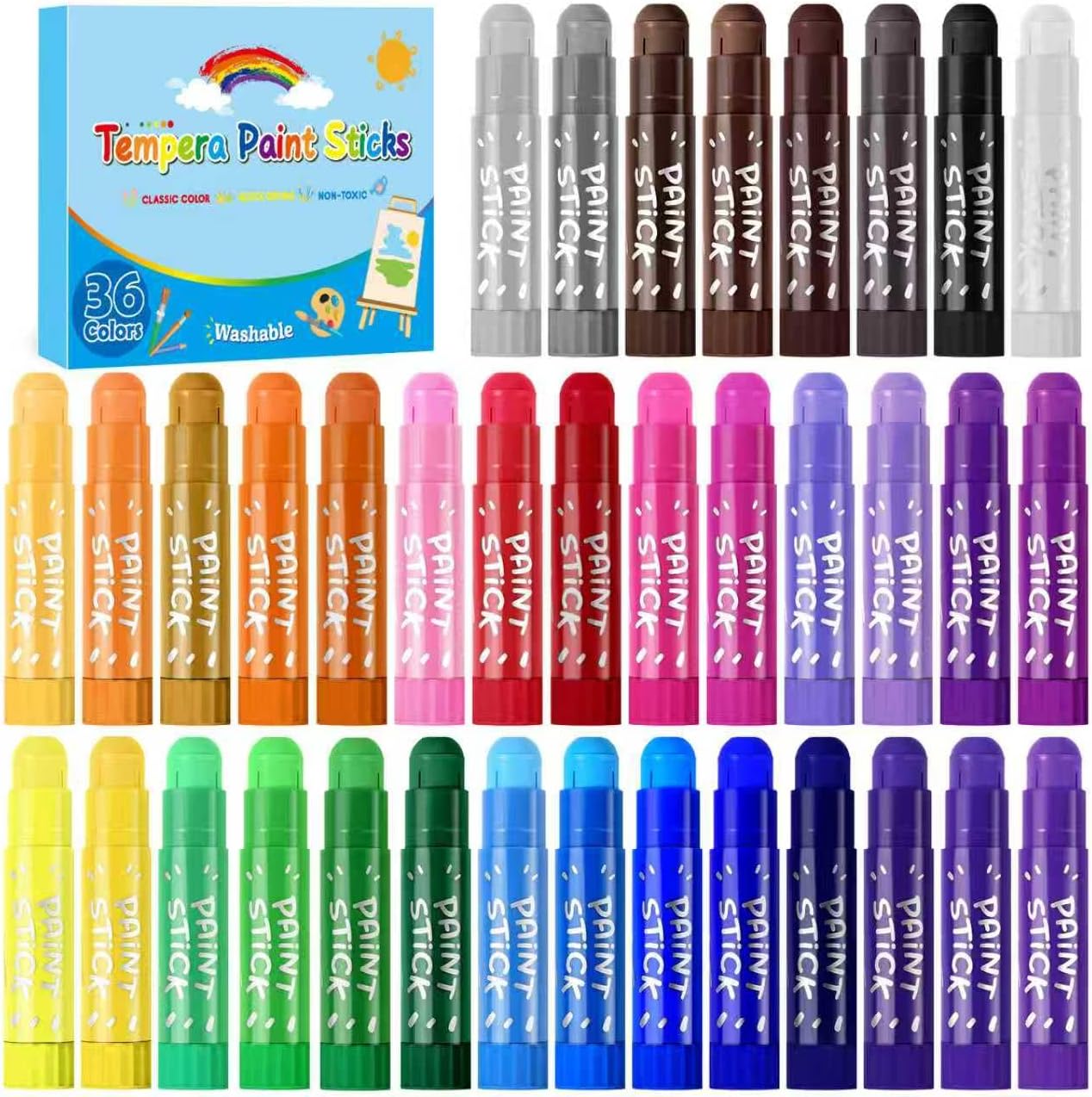 144 Tempera Paint Sticks For Kids, 12 Assorted Colors Washable Paint Set Bulk