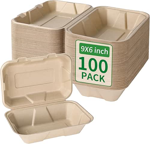 Aricsen Compostable 100 Pack 9x6 Inch Takeout Lunch Box Containers