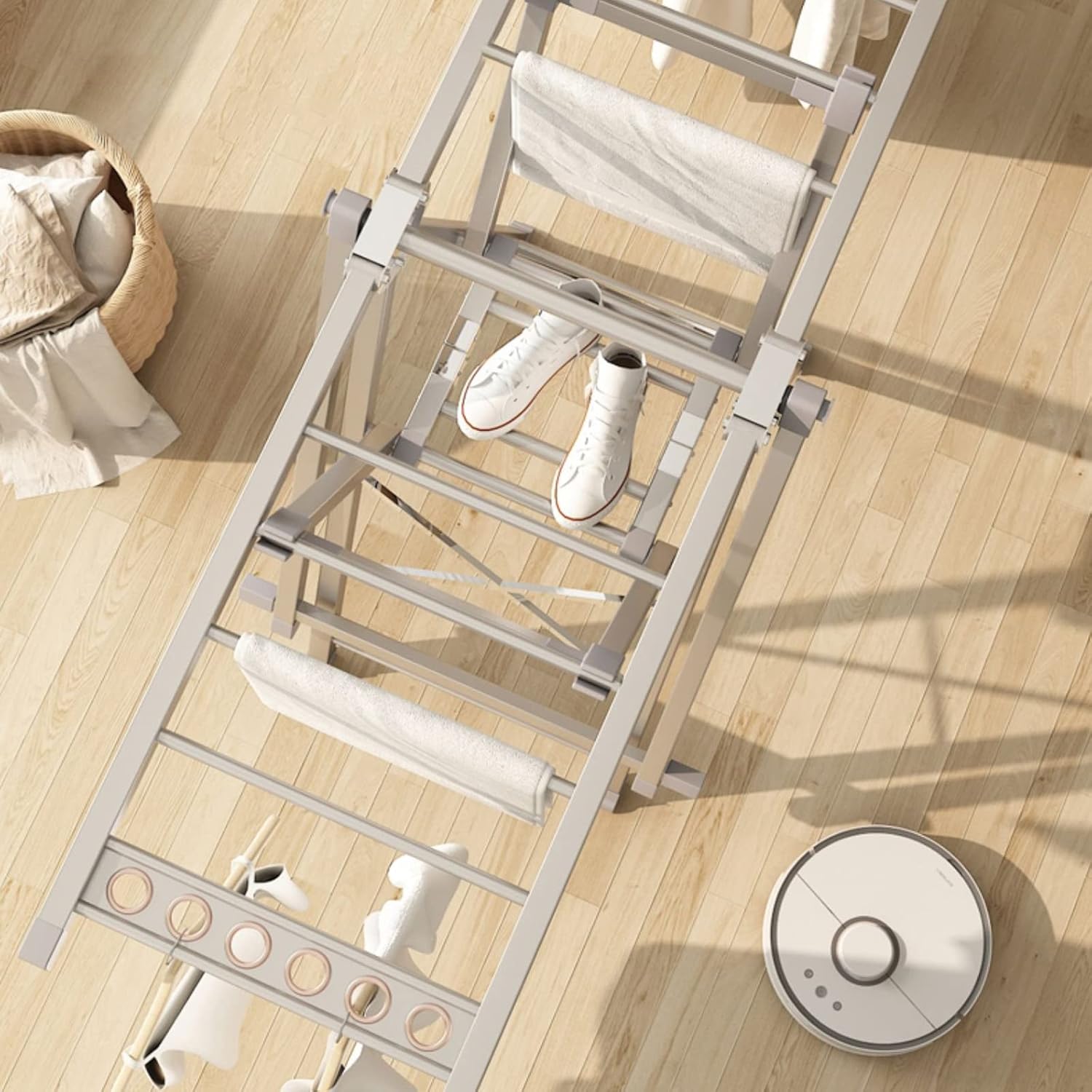 Foldable Clothes Drying Rack - Double-Layer Floor-to-Ceiling Airer, Height-Adjustable, Aluminum Alloy, Indoor/Outdoor Use, Retractable Design, Perfect for Quilts & Larger Loads