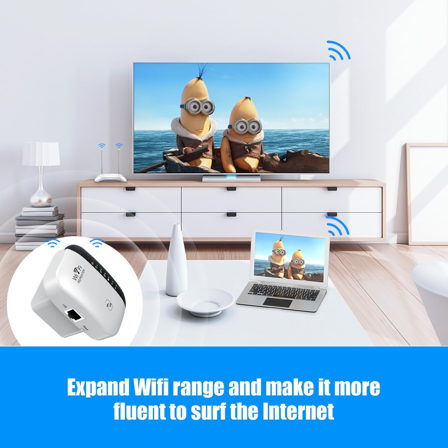 A living room with a TV showing animated characters, and a laptop on a table, with an inset image of the WiFi Repeater. Blue arcs indicate WiFi signal expansion, emphasizing the device's ability to expand WiFi range for smoother internet surfing.
