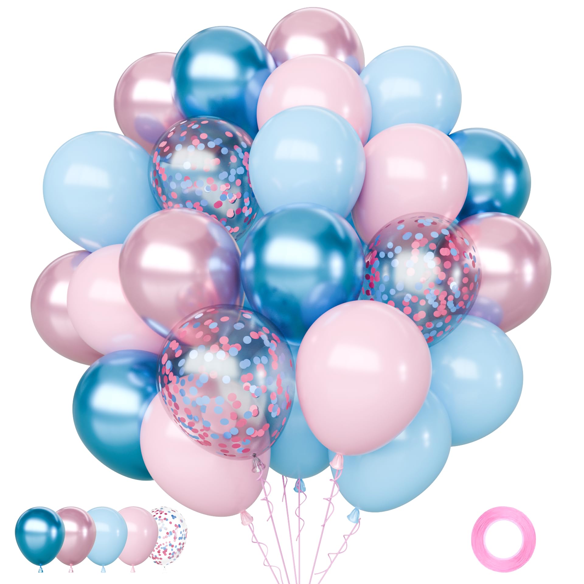 Pink and Blue Latex Balloons Set, 65Pcs Metallic Pink and Blue Balloons