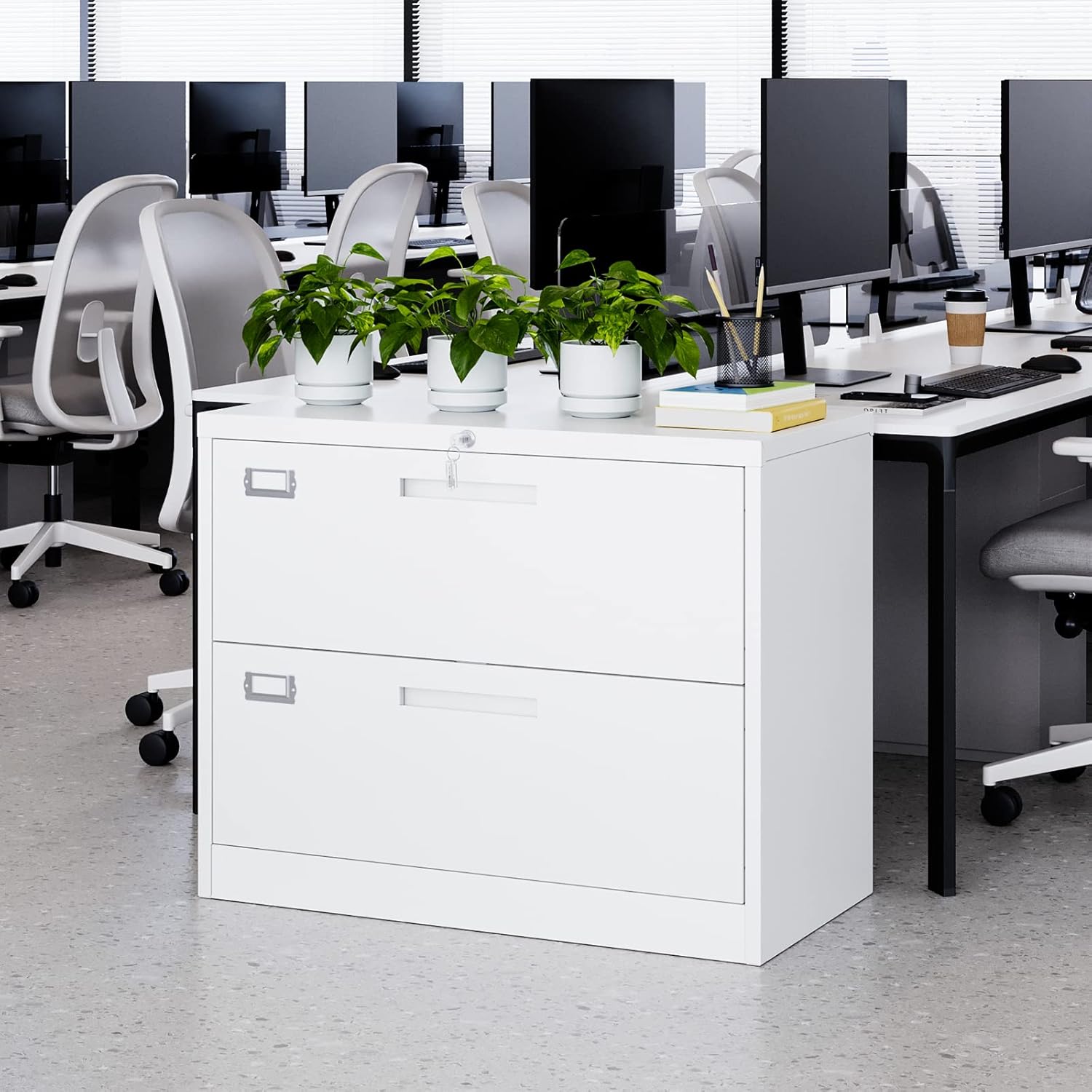 MIIIKO 2 Drawer Lateral File Cabinet with Lock, White Filing Cabinet for Home Office, Two Drawer Metal File Cabinet for Hanging Files Folders Letter/Legal/F4/A4 Size