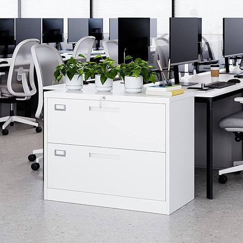 Vista 21 de MIIIKO Archivador lateral de 2 cajones con cerradura, archivador para oficina en casa, fácil de montar, archivador de almacenamiento de metal