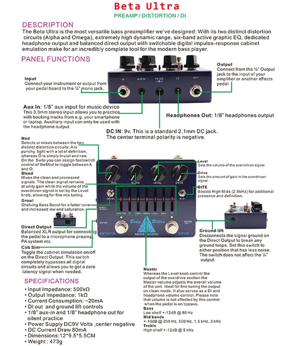 BETA ULTRA Basso Elettrico Distorsione Preamplificatore Effetto Pedale 6 Bande EQ Grafico Uscita Cuffie 1/8"