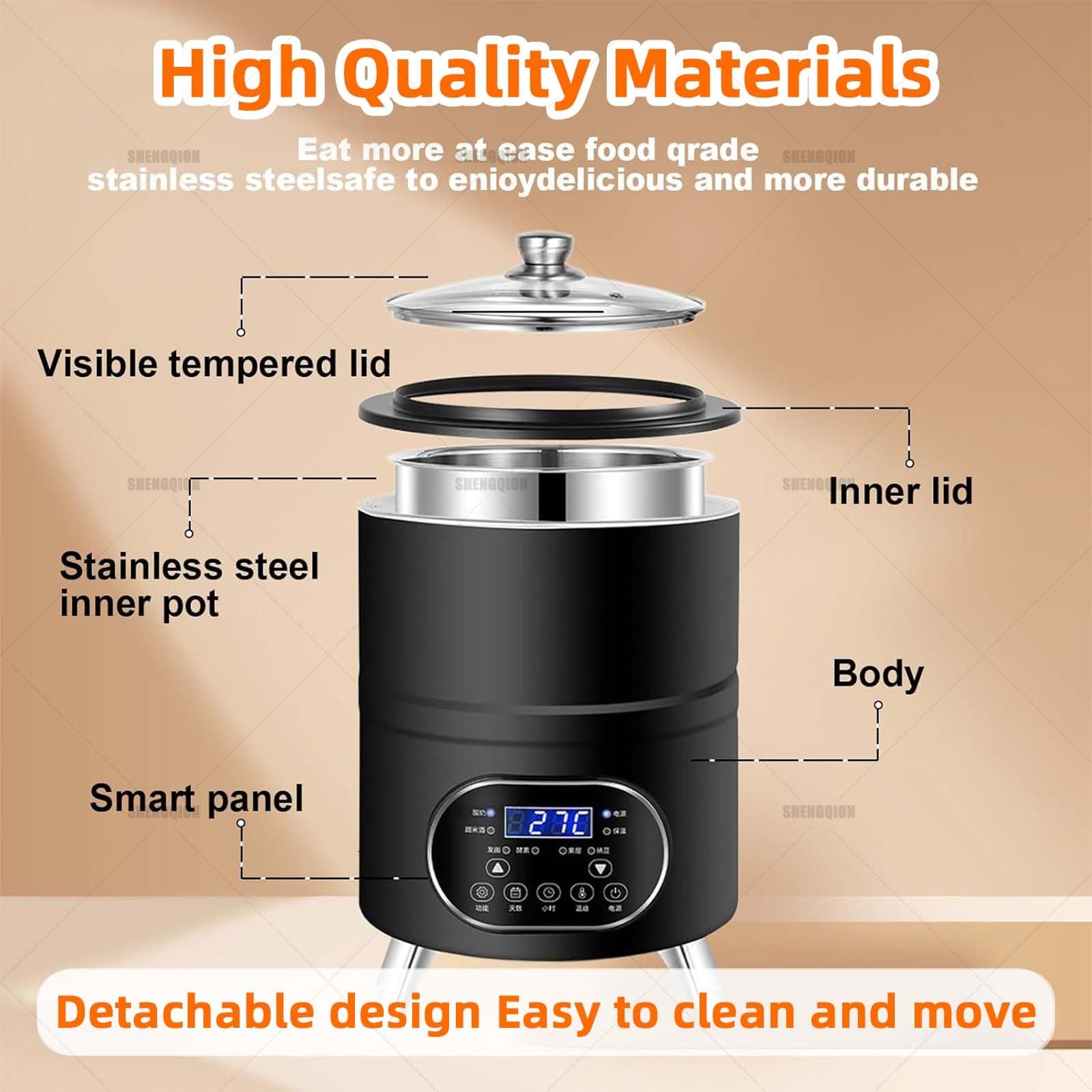 Yogurt Maker, macchina elettrica intelligente con 7 modalità preimpostate, riscaldamento uniforme a 360°, timer digitale, ciotola rimovibile in acciaio inossidabile, capacità 8 l per yogurt, natto e