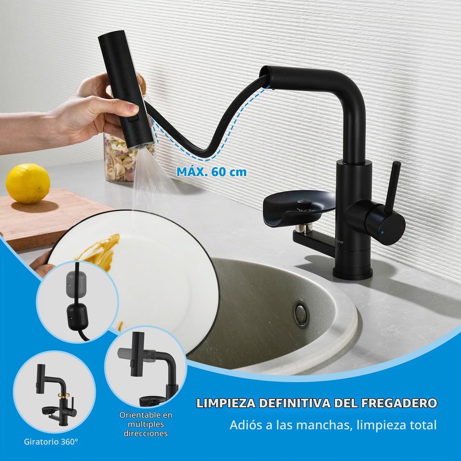Grifo Cocina Extraible Negro Lavatazas 3 Modos,Torneira Cozinha Preta | Grifos Cocina Fregadero Monomando con Mynaiad Lavatazas, 3 Chorros, Giro 360°, acero 304 Cepillado Cocina Bar Baño