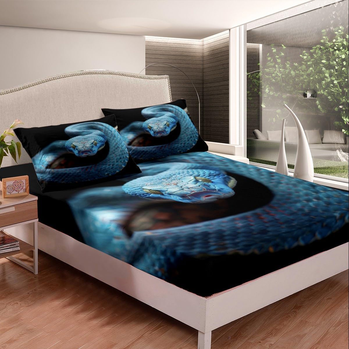 Blue Snake Bedding Set Twin Size 3D Snake Printed Bed Set for Girls Teens Bedroom Decor Kids Exotic Wild Animal Fitted Sheet Microfiber Reptile Tropical Theme Bed Cover(1 Fitted Sheet+1 Pillow Case)
